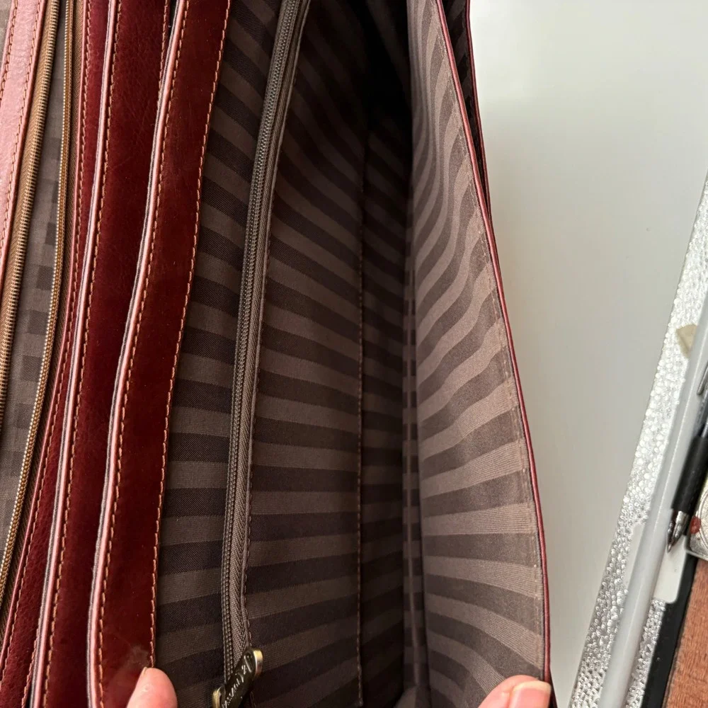 Passage2 brown Leather Briefcase Accordion Messenger bag Combination Lock Brass